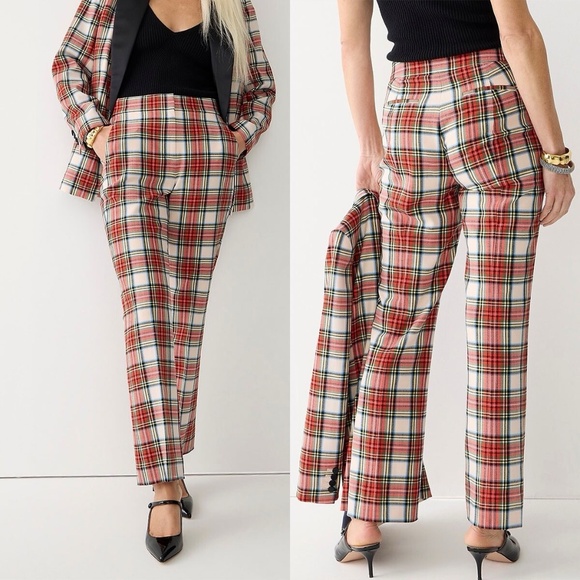 J Crew Willa Cropped Flare Pant in Snowy Stewart Tartan Wool Red white 4 - Picture 1 of 7